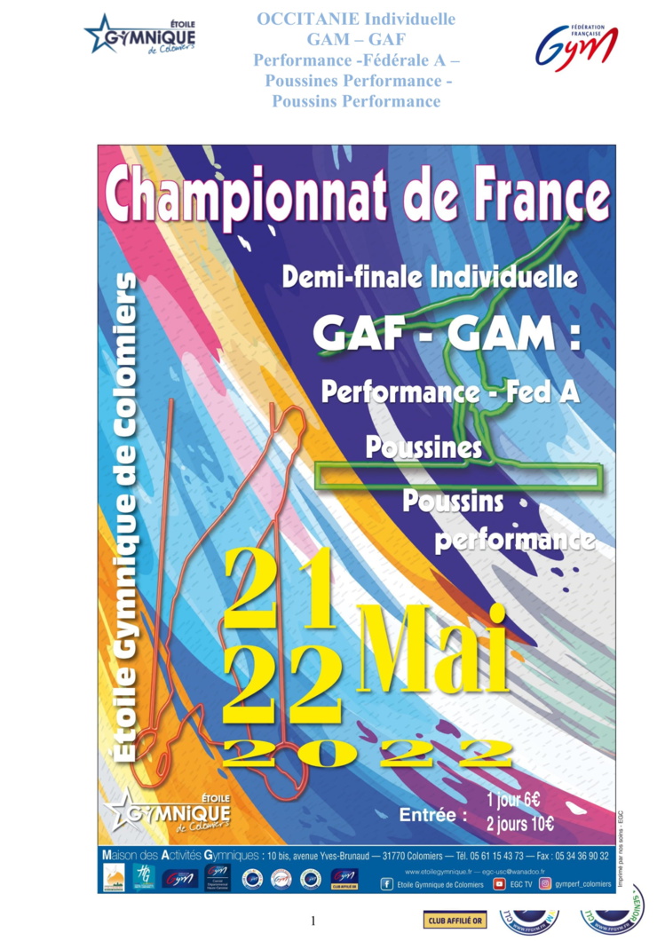GAF - Demi-finale individuelle - Performance, Fed A, Poussines - Colomiers - 21&22 mai 2022