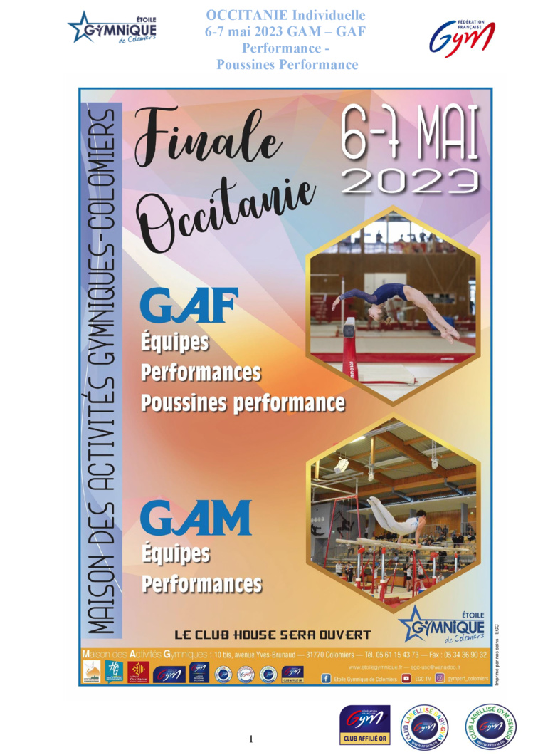 GAF - COMPÉTITION RÉGIONALE ÉQUIPES PERFORMANCES LES 06 ET 07 MAI 2023 À COLOMIERS