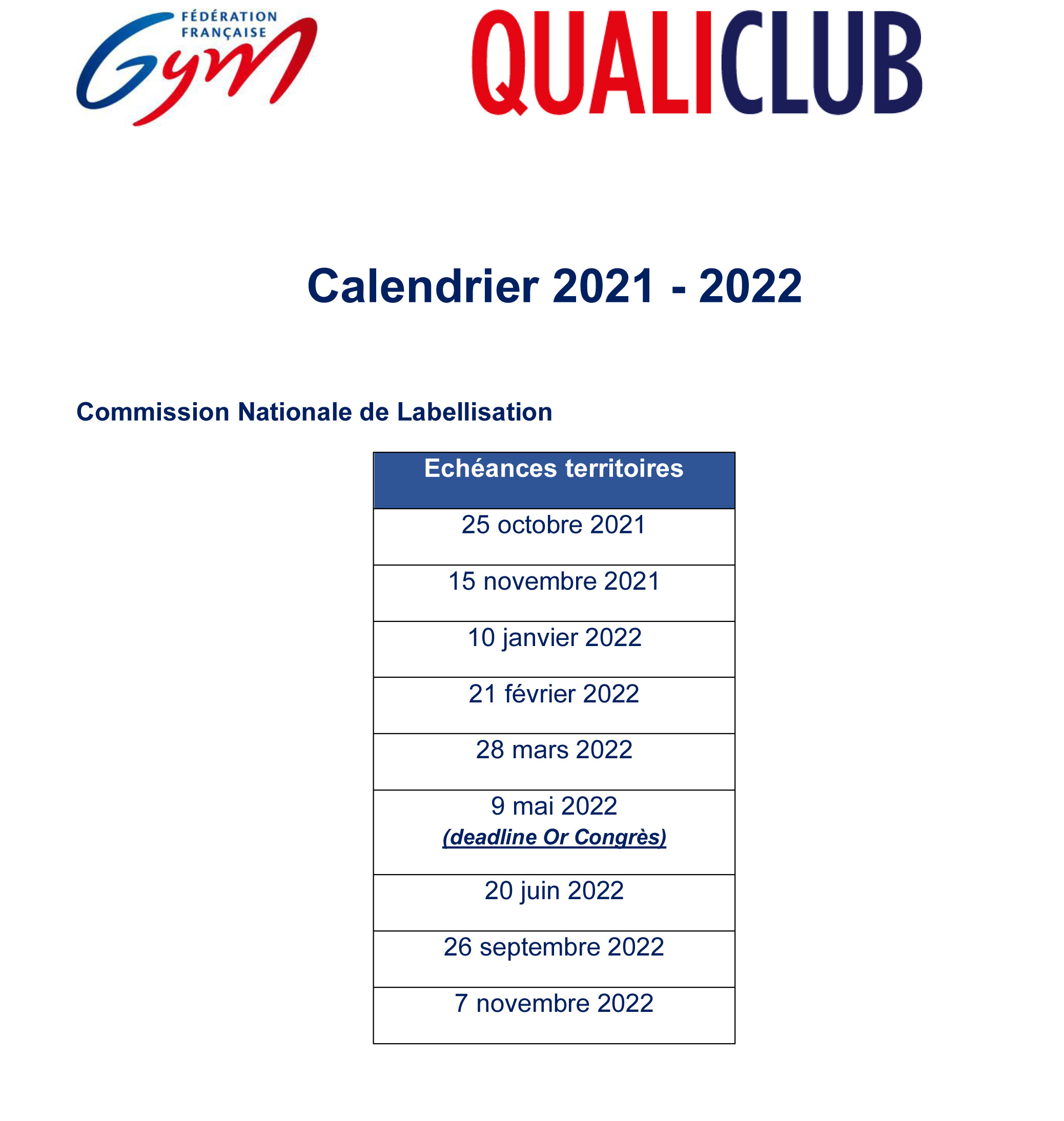QUALICLUB - LES NOUVEAUX CLUBS RECONNUS & CALENDRIER 2021-22